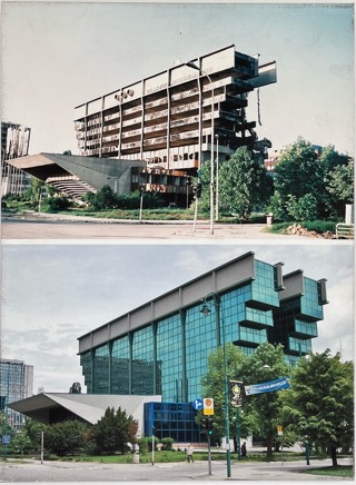 Oben: Gebäude mit Kriegsschäden. Unten: rekonstruiert (Foto Ausstellung Historisches Museum Sarajevo) 
